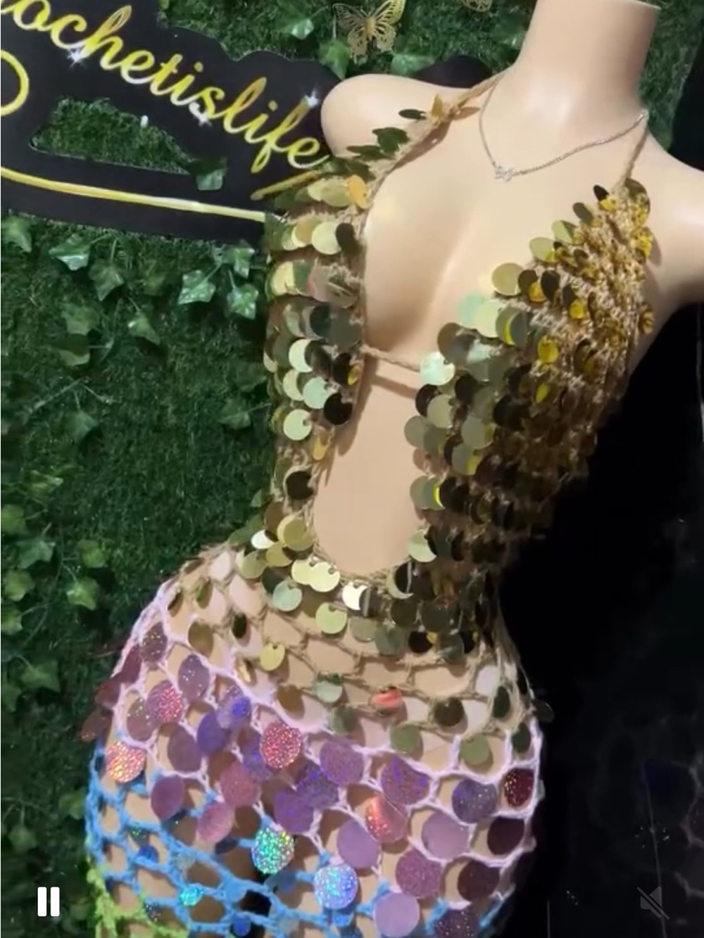 Gold Sequin Crochet Bodycon Dress